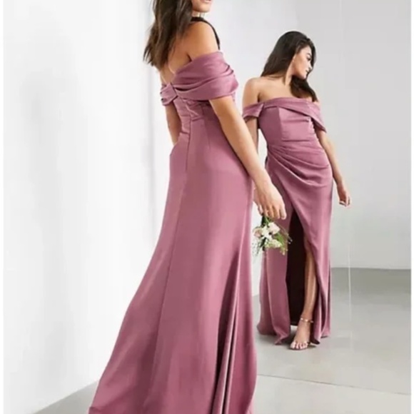 ASOS EDITION satin Bardot drape wrap maxi dress in orchid size 4 - Picture 2 of 11